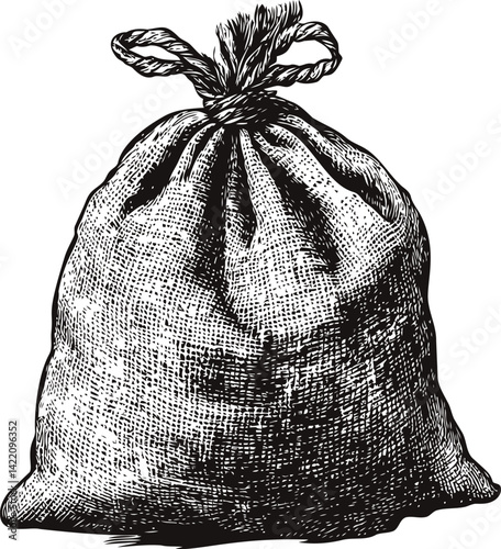 Detailed black and white illustration of a tied burlap sack, vintage design. Vector illustration