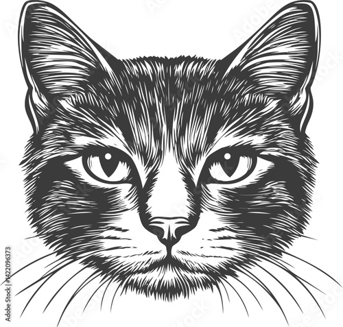 Detailed black and white cat illustration with intense gaze, vector art. Vector illustration