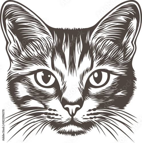 Illustrated monochrome portrait of a cat face with detailed fur lines vector art. Vector illustration