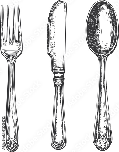 Vintage black and white sketch of fork, knife, and spoon utensils. Vector illustration