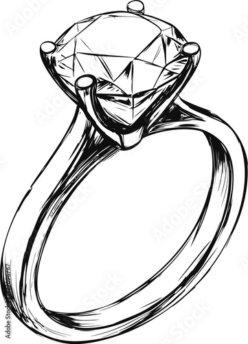 Elegant sketch of diamond engagement ring with detailed facets illustration. Vector illustration
