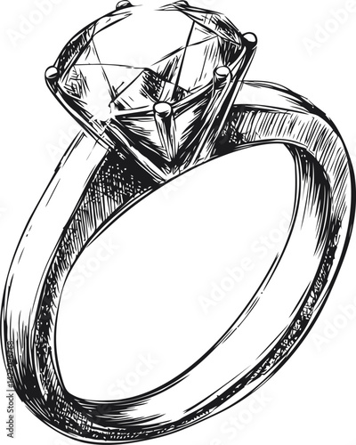 Detailed sketch of a diamond engagement ring in black and white illustration. Vector illustration