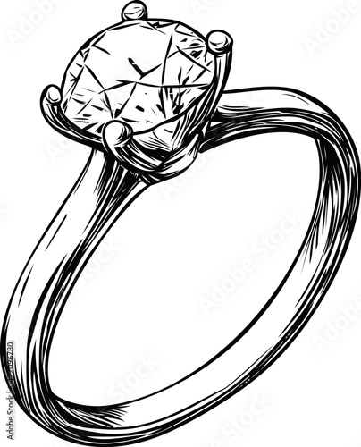 Elegant sketch of a diamond engagement ring with intricate details in black and white. Vector illustration