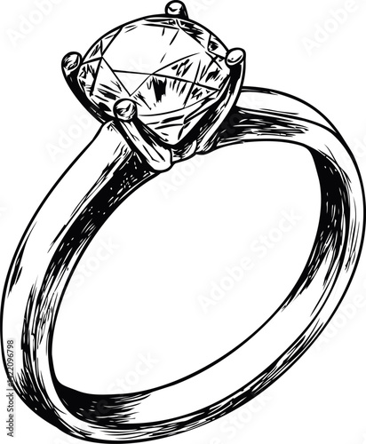 Sketch of a diamond engagement ring in intricate black lines, jewelry design. Vector illustration
