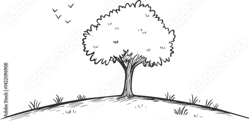 Solitary tree on a hill with birds in the sky, black and white illustration. Vector illustration