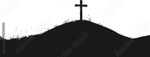 Silhouette of a cross on a hill under a clear sky, spiritual symbolism. Vector illustration