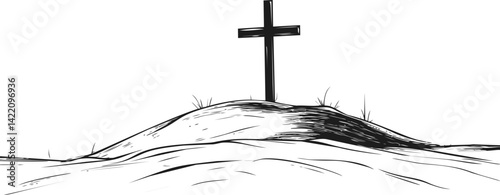 Cross on a hill in black and white sketch, symbolizing faith and solitude. Vector illustration