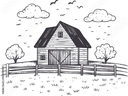 Rustic farm barn with trees and fence in monochrome illustration. Vector illustration