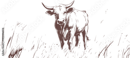 Sketch of a standing bull in a field with minimal line art design. Vector illustration