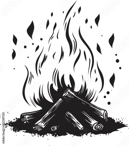Abstract black and white illustration of a blazing campfire with flames. Vector illustration