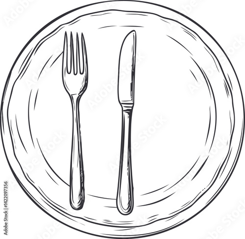 Black and white illustration of a fork and knife on a round plate, line art style. Vector illustration