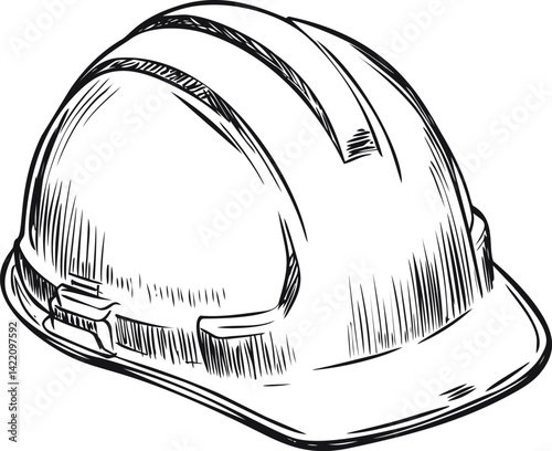 Black and white sketch of a construction hard hat illustration isolated. Vector illustration