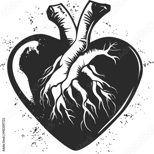 Illustration of a human heart with roots in black and white style, vector art. Vector illustration