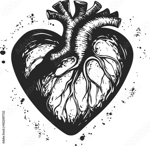 Black and white anatomical heart illustration with splatter effects. Vector illustration