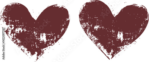Two grunge textured brown hearts side by side, digital art. Vector illustration