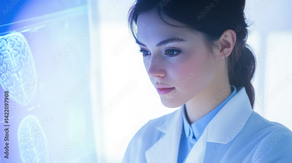 Obraz premium A female doctor attentively examines brain scans displayed on a digital screen, meticulously analyzing neurological data.