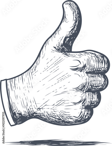 Hand showing thumbs up in a detailed black and white sketch illustration. Vector illustration