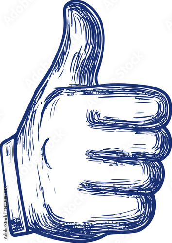 Blue ink sketch of a thumbs up hand gesture giving approval and positivity. Vector illustration