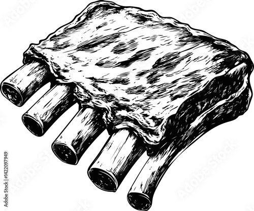 Black and white drawing of large rib rack with five bones in vintage style. Vector illustration