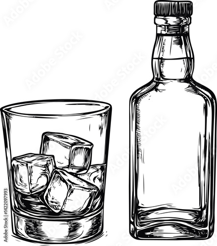 Detailed illustration of whiskey bottle with glass and ice cubes, vintage style. Vector illustration