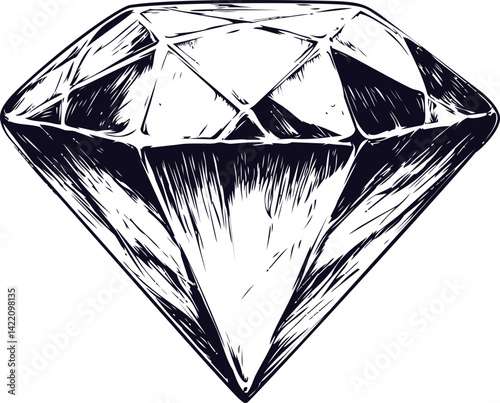 Detailed black and white sketch of a gleaming diamond with sharp facets. Vector illustration
