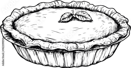 Black and white sketch of a pie with leaf decoration on crust. Vector illustration