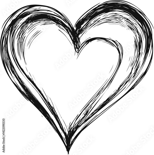 Black brushstroke heart illustration with rough sketchy outline on white. Vector illustration
