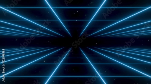 A Synthwave animated background featuring a dark retro-futuristic backdrop with two blue perspective grids and a starry sky. Abstract Retrowave template in 80s Vaporwave style. Seamless loop