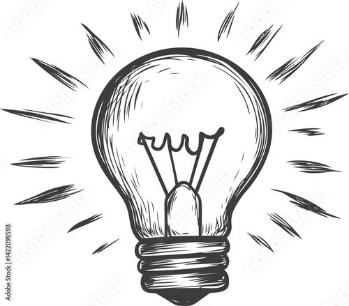 Black and white sketch of a glowing light bulb with radiating lines. Vector illustration