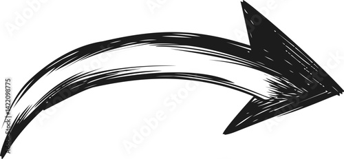 Black and white grunge style curved arrow pointing right, sketched design. Vector illustration