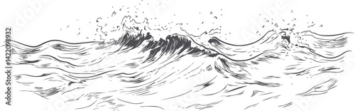 Black and white illustration of ocean waves with splashes, dynamic motion art. Vector illustration