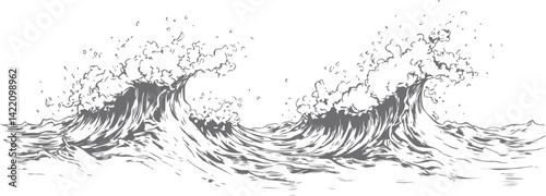 Line art of crashing ocean waves with detailed splashes, black and white illustration. Vector illustration