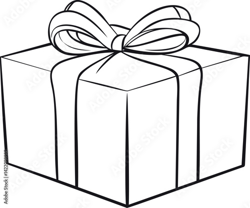 Black and white illustration of a gift box with ribbon, coloring page. Vector illustration