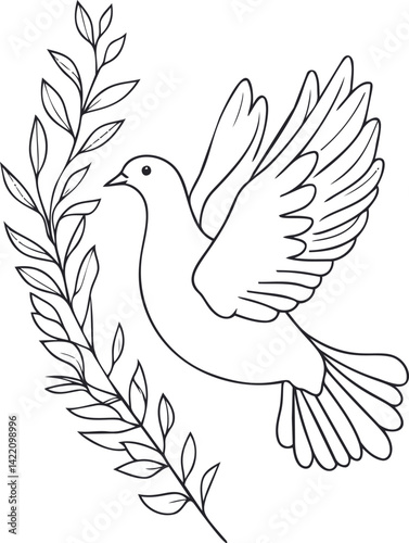 Line drawing of a dove with an olive branch symbolizing peace. Vector illustration