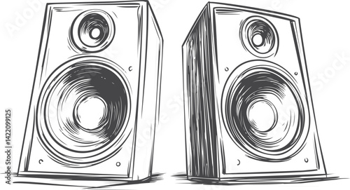 Sketch of two large speakers with intricate details, black and white illustration. Vector illustration