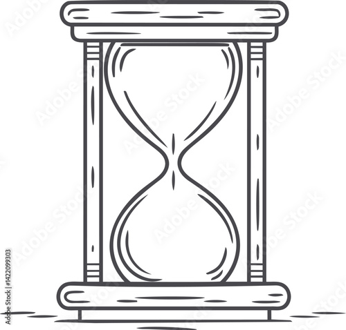 Simple black and white illustration of an hourglass with sand running down. Vector illustration