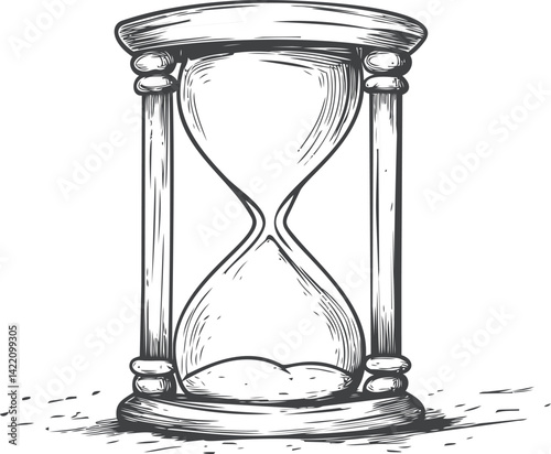 Vintage sand-filled hourglass sketch with flowing sands symbolizing time limit. Vector illustration