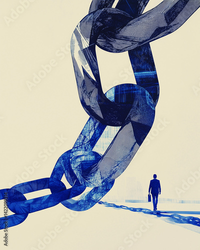 Petite silhouette d'un travailleur en costume devant une immense chaîne, dessin à l'encre bleue sur fond beige : esclavage moderne