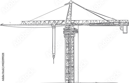 Detailed line drawing of a tower crane against. Vector illustration