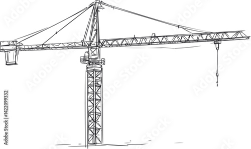 Monochrome sketch of a tower crane with a detailed structure and long arm. Vector illustration