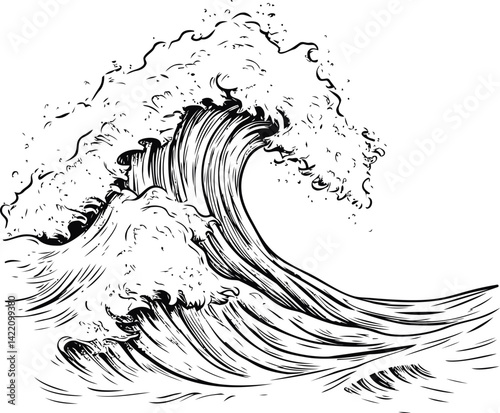 Black and white illustration of a giant ocean wave in dramatic style. Vector illustration