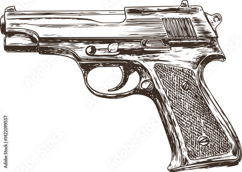 Retro illustration of a detailed handgun in black and white sketch style. Vector illustration