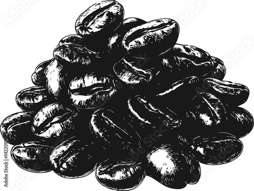 Black and white illustration of a pile of coffee beans with detailed textures. Vector illustration