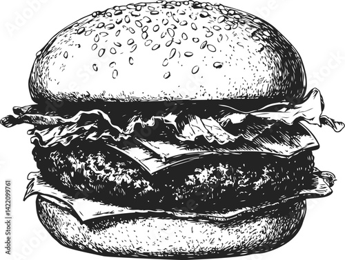 Hand-drawn detailed black and white cheeseburger illustration with sesame bun. Vector illustration