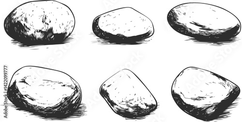 Illustration of six hand-drawn stones, black and white sketch. Vector illustration