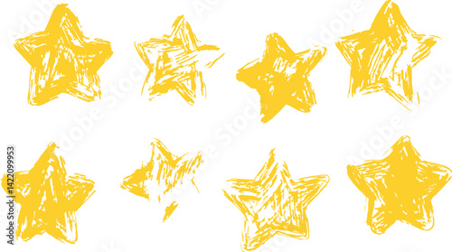 Yellow textured stars in a row with artistic brushstroke effect. Vector illustration
