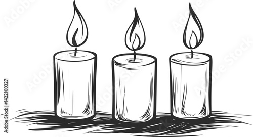 Three sketch style candles with flames flickering in black and white illustration. Vector illustration