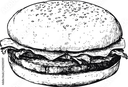 Hand-drawn black and white illustration of a cheeseburger. Vector illustration
