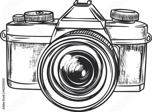 Black and white illustration of a retro camera with intricate details. Vector illustration