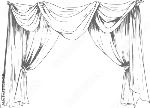 Elegantly drawn theater curtains sketch in monochrome style. Vector illustration